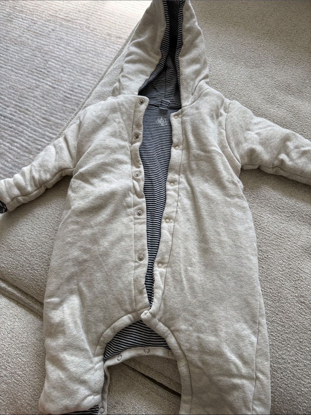 Petit Bateau Cream Hooded Sweatsuit with Striped Lining